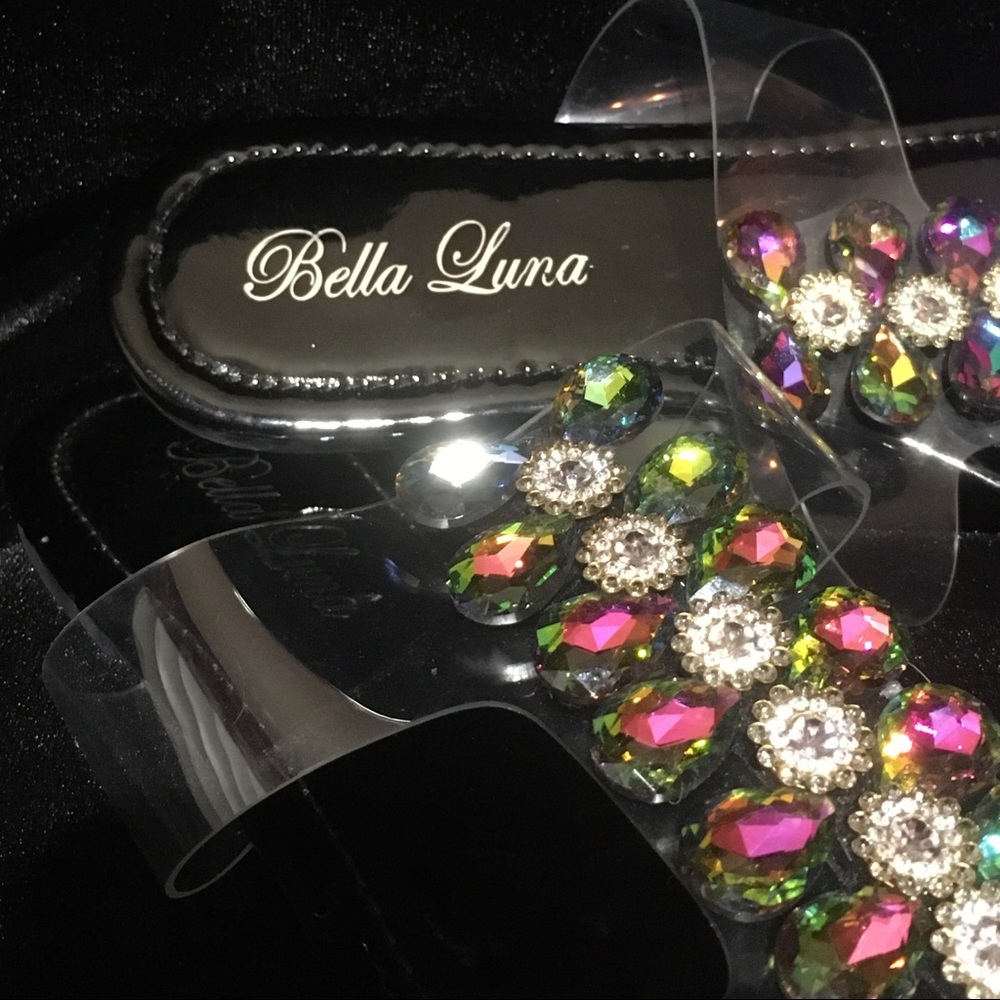 Bella Luna Black Clear Slip Ons Iridescent Rhinestone Square Toe Flats Sandles